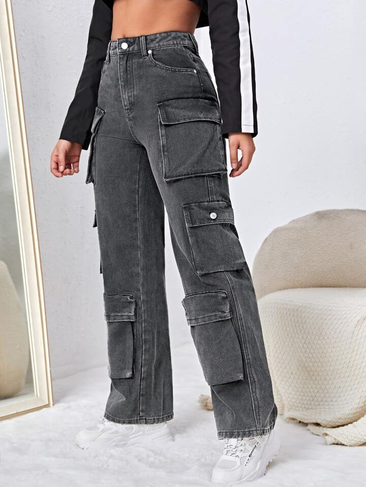 SHEIN High Waisted Flap Pocket Cargo Jeans | SHEIN