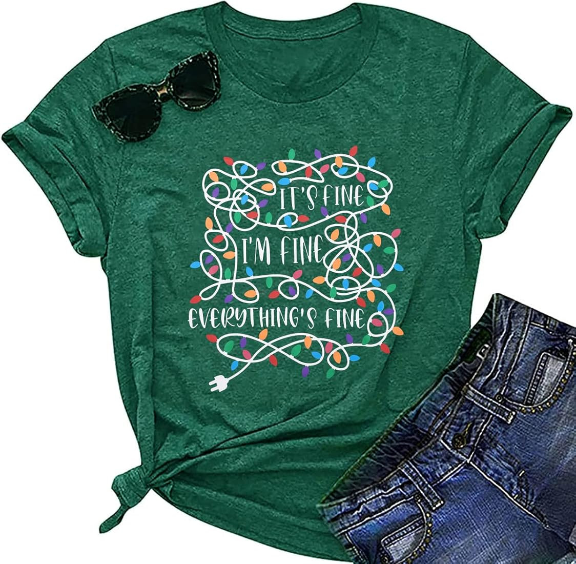 It's Fine I'm Fine Everything's Fine Shirt Women Christmas Lights Graphic T-Shirt Casual Short Sl... | Amazon (US)