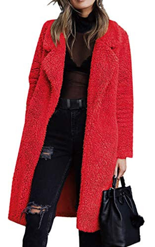 Angashion Women's Fuzzy Fleece Lapel Open Front Long Cardigan Coat Faux Fur Warm Winter Outwear Jackets Red Medium | Amazon (US)