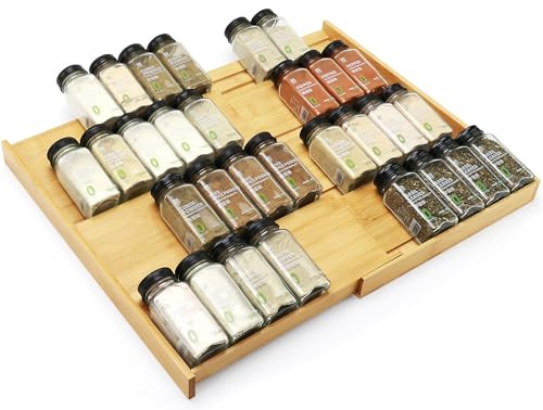 Thalomely Bamboo Spice Drawer Organizer, (Need 3.1” Deep Drawer) Expandable 4 Tier Spice Rack for Cabinet (From 12" to 23" Wide), Seasoning Storage Insert, Spice Organizer for Drawer,Jars Not Included | Amazon (US)