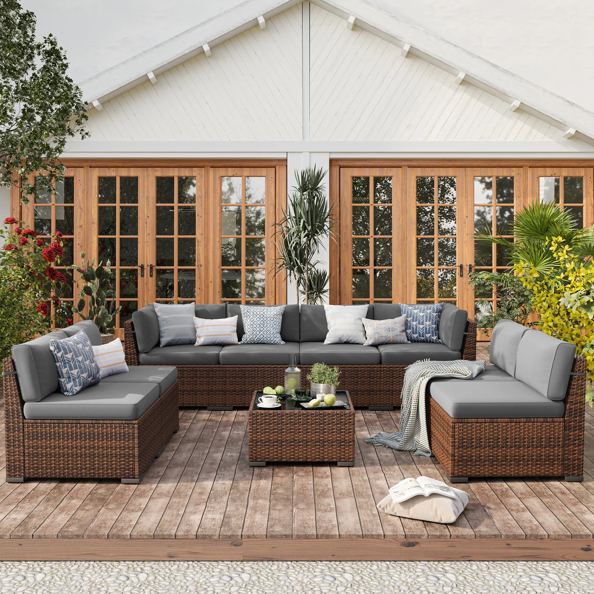 Latitude Run® 8 Person Rattan Sectional Seating Group With Cushions | Wayfair | Wayfair North America