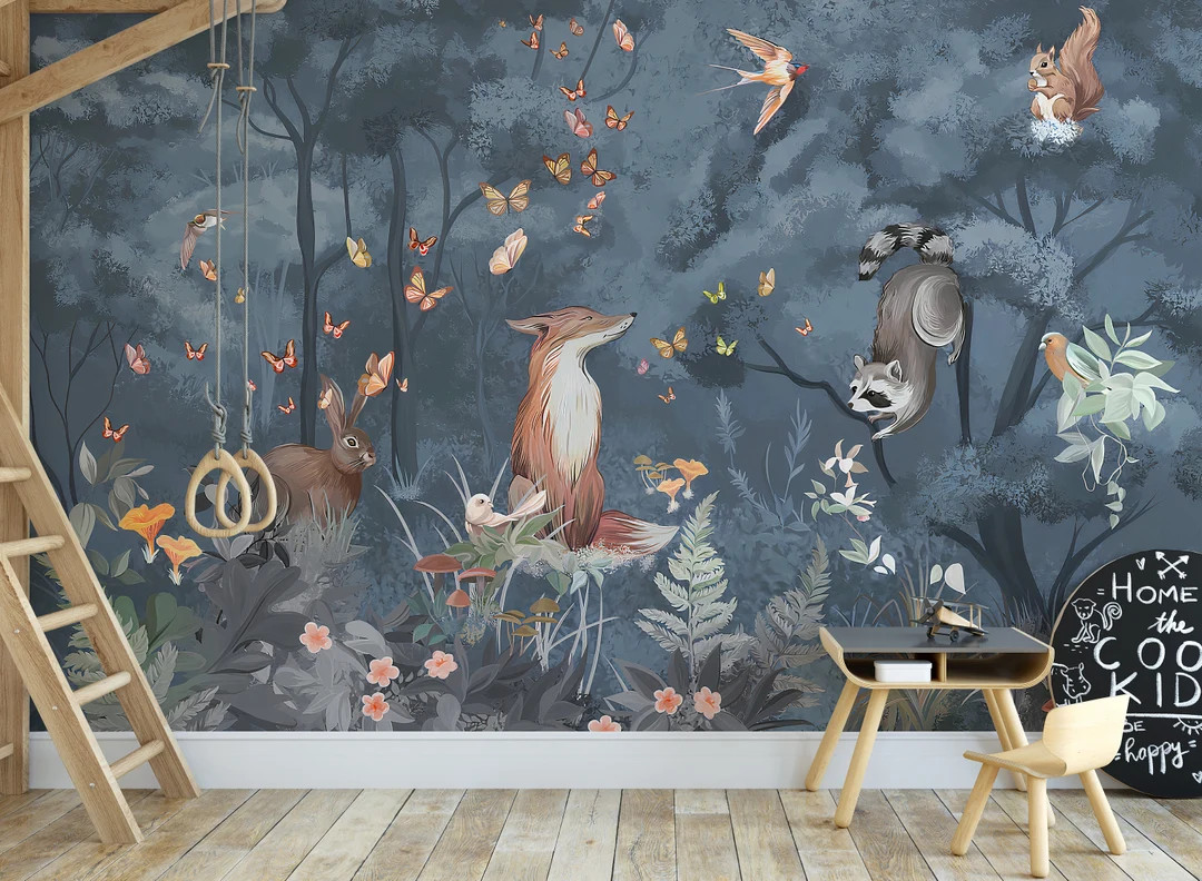 Blue Forest Animals Wallpaper, Kids Wallpaper Peel and Stick, Nursery Wall Decal, Removable Wallp... | Etsy (CAD)