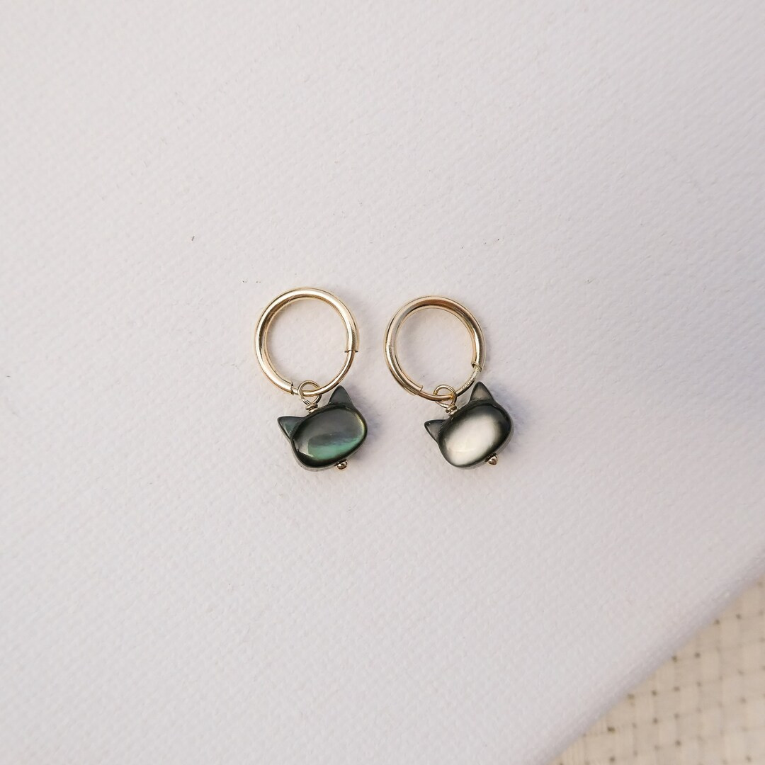 Black Cat Hoop Earrings Made With Mother of Pearl and Your Choice of Solid Sterling Silver or 14k... | Etsy (US)