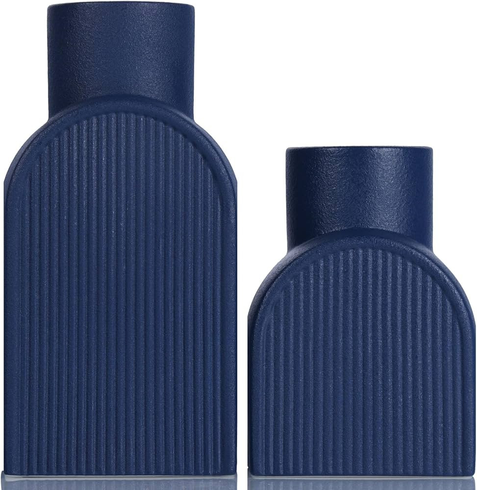 Blue Vases for Centerpieces,Navy Blue Vase,Small and Large Ribbed Ceramic Vase,Nordic Vases 2 Set... | Amazon (US)
