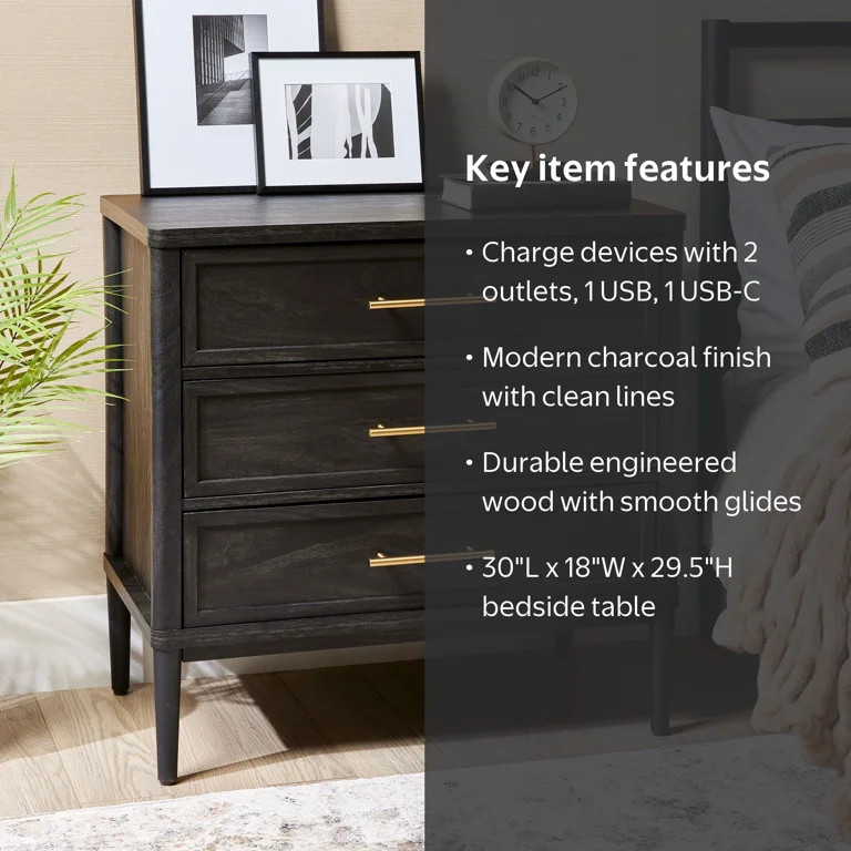 Better Homes & Gardens Oaklee 3 Drawer Nightstand with USB, Charcoal Finish | Walmart (US)