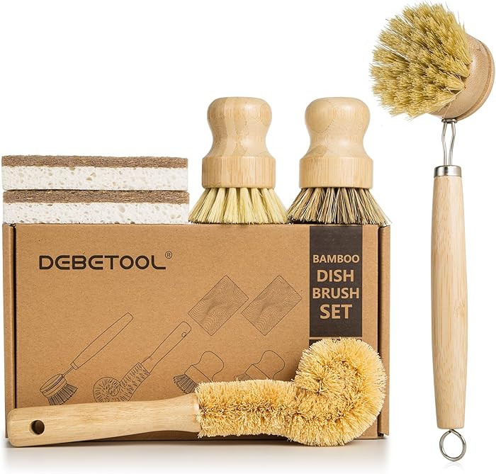 DEBETOOL 6 Piece Bamboo Dish Brush Set with Coconut Sponge - Wooden Dish Brush with Sisal and Pal... | Amazon (US)