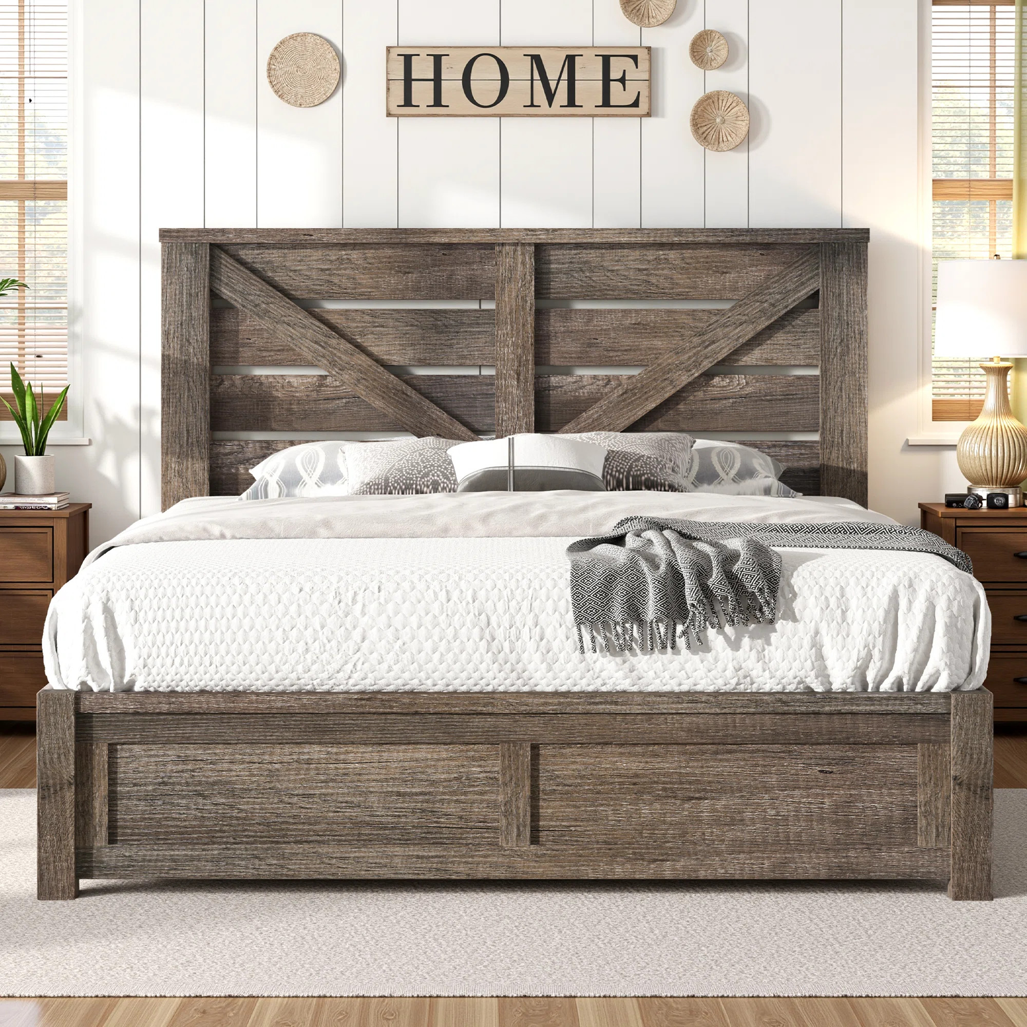 Tryston Farmhouse Queen Bed Frame with 49.2" Barn Door Headboard, Gray | Wayfair North America