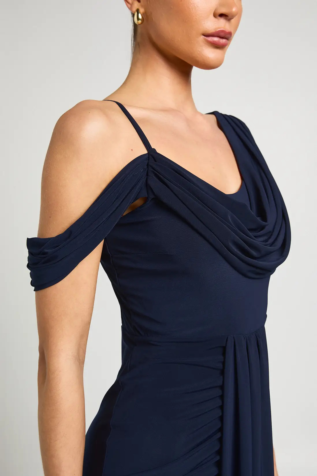 Navy Double Layer Slinky Drape Front Cold Shoulder Maxi Dress | Boohoo | Boohoo.com (UK & IE)