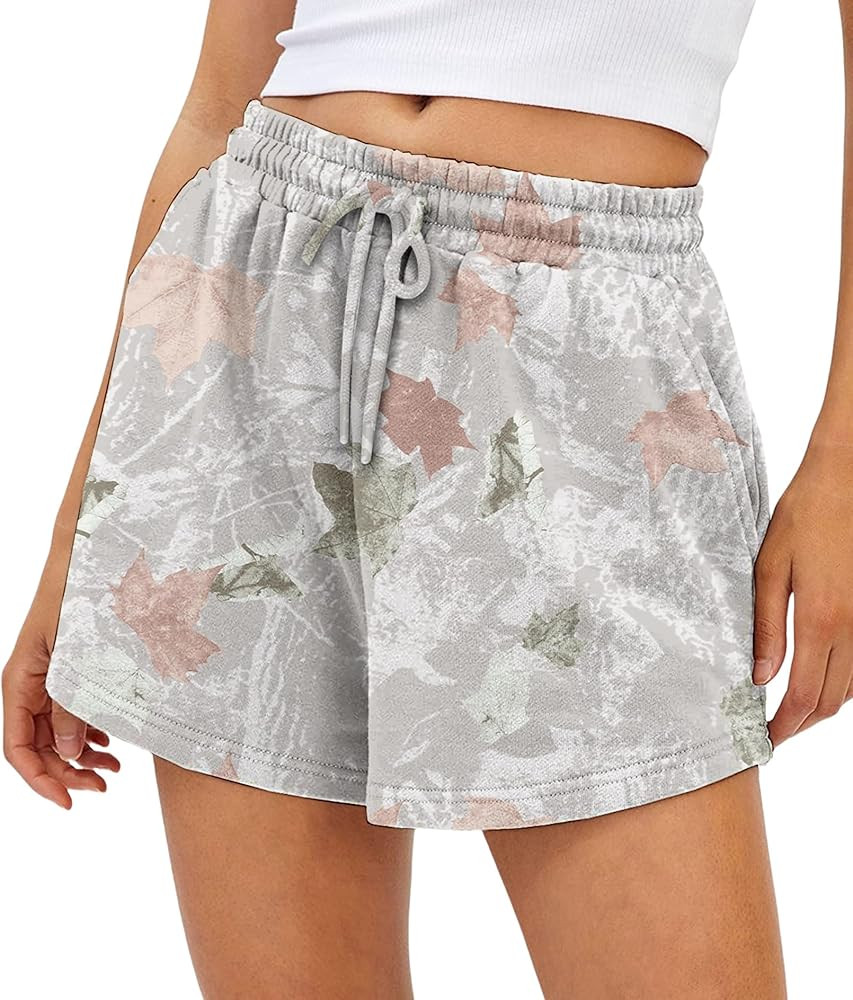 Camo Sweat Shorts for Women Drawstring Elastic Waist Maple Leaf Print Lounge Athletic Shorts with... | Amazon (US)