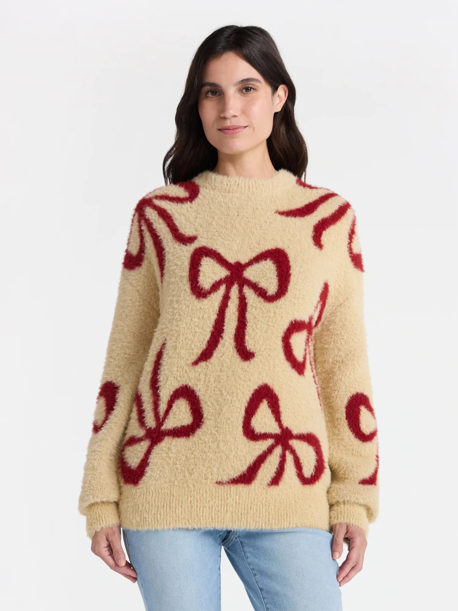99 Jane Street Women's and Women's Plus Bow Print Pullover Sweater, Midweight, Sizes XS-4X | Walmart (US)