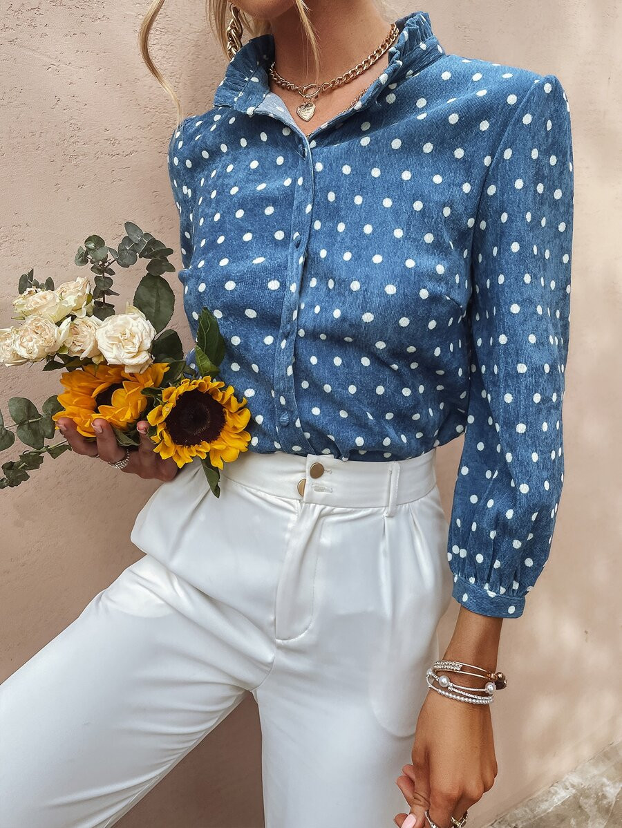 Simplee Polka Dot Frill Button Through Blouse | SHEIN