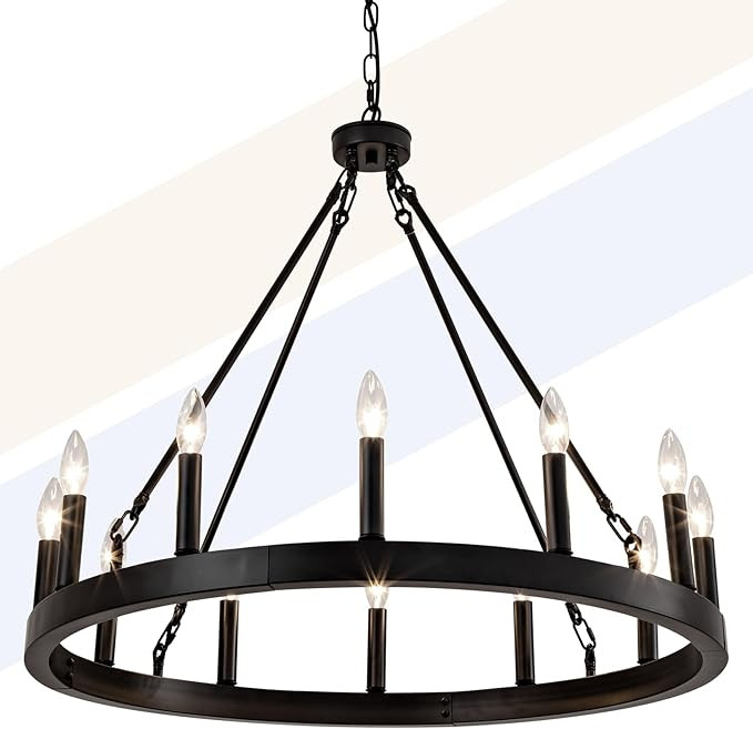 ZVL 12-Light Black Wagon Wheel Chandelier, 32 Inch Wagon Wheel Light Fixture Adjustable Height Ro... | Amazon (US)