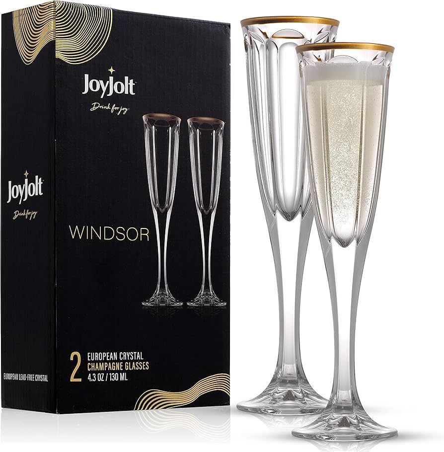 JoyJolt Windsor Gold Rim Champagne Flutes Glass - 4.3oz Champagne Glasses. Stemmed Wine Glass Set... | Amazon (US)