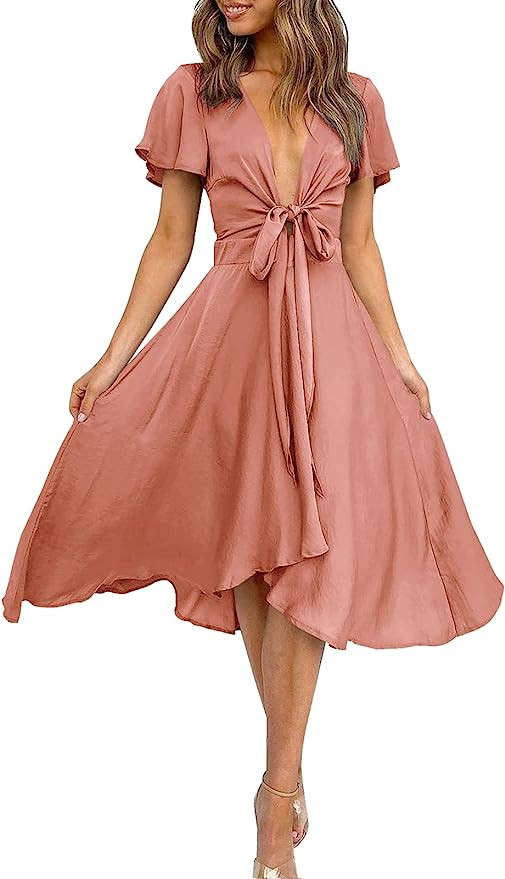 miduo Womens Satin V Neck Ruffle Short Sleeve Tie Front High Waist Midi A-Line Maxi Dresses | Amazon (US)