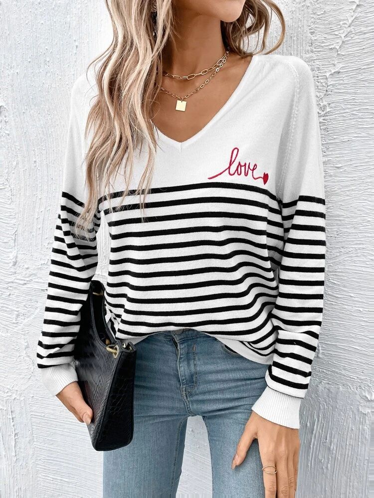 SHEIN Striped Heart & Letter Embroidery Raglan Sleeve Sweater | SHEIN