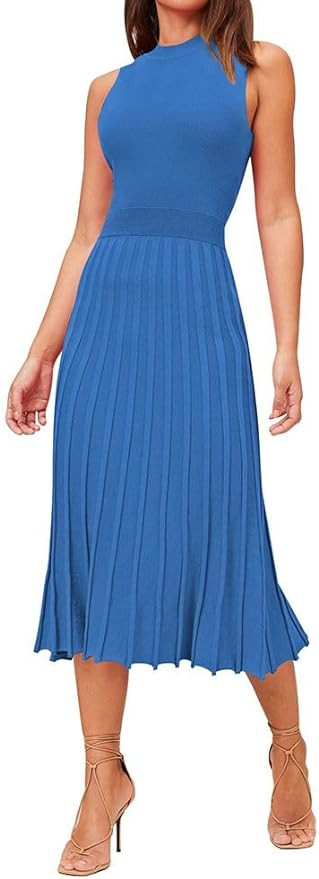 Pink Queen Women's Crew Neck Sleeveless High Waisted Bodycon Pleated Ribbed Swing Knit Midi Dress... | Amazon (US)