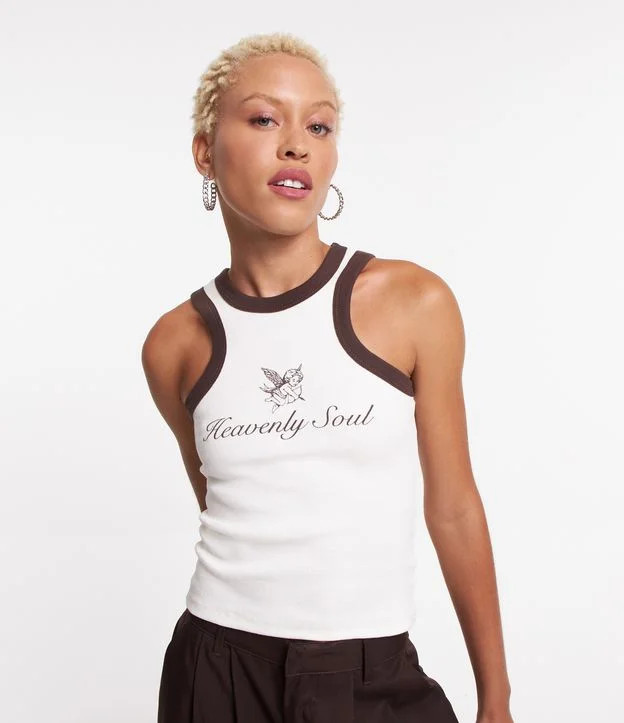 Blusa Regata em Ribana com Viés Contrastante e Estampa Anjo Branco | Renner (BR)