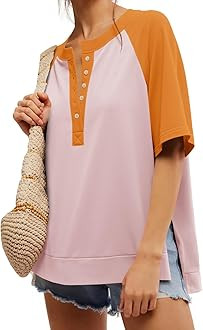 Fisoew Women's Summer Color Block Tops Raglan Short Sleeve Crewneck Button Up Loose Fit Side Slit... | Amazon (US)