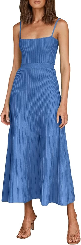 Uusollecy Women's Ribbed Knit Adjustable Spaghetti Straps Square Neck Summer Party Maxi Long Dres... | Amazon (US)