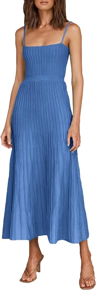 Uusollecy Women's Ribbed Knit Adjustable Spaghetti Straps Square Neck Summer Party Maxi Long Dres... | Amazon (US)