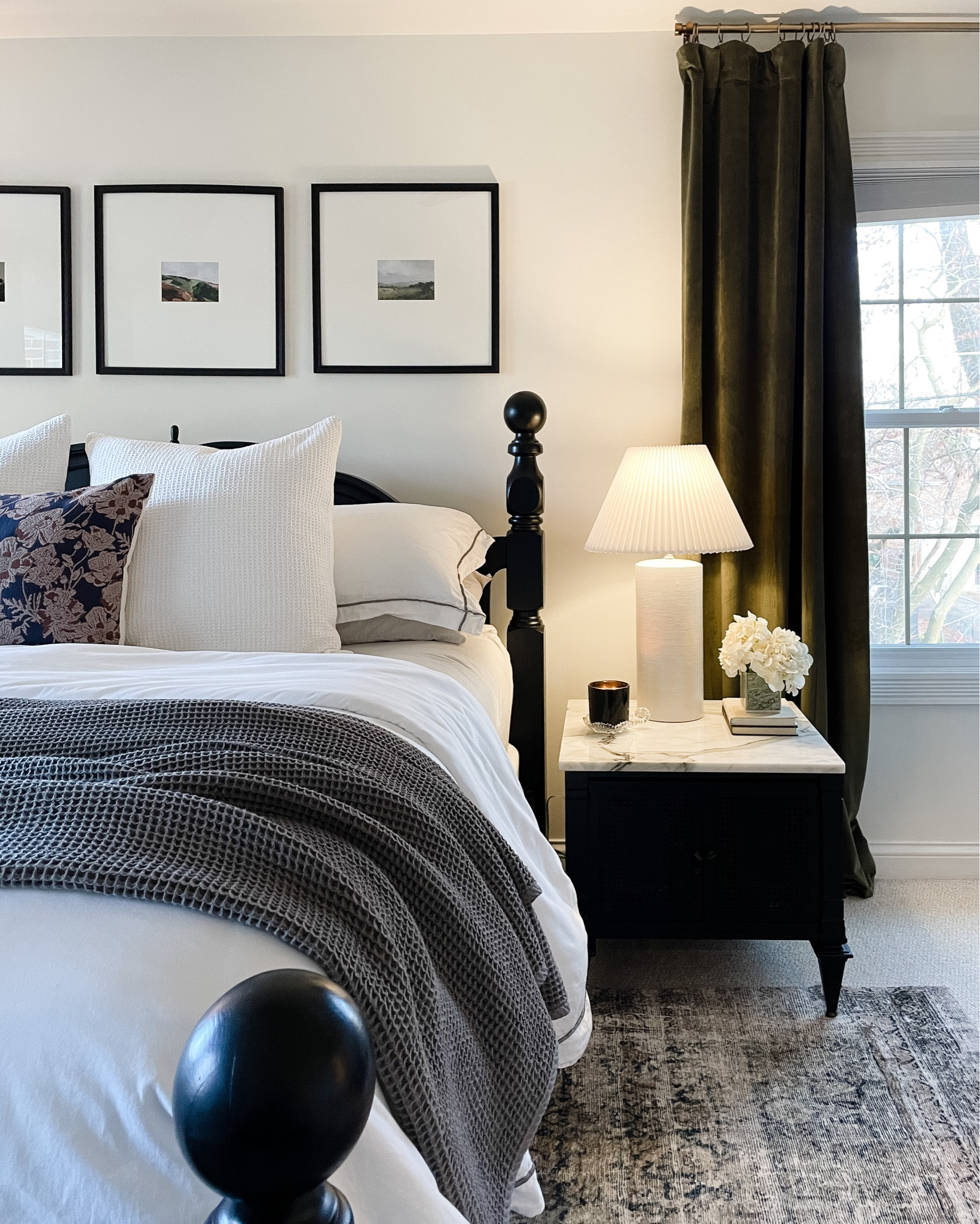 Bedroom. Bedding. Waffle knit throw blanket. Green velvet curtains. 