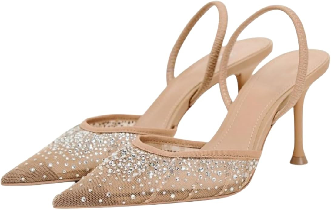 keleimusi Women's Heeled Shiny Mesh Slingbacks Pumps Crystal Studded Pointy Toe Rhinestone Kitten... | Amazon (US)