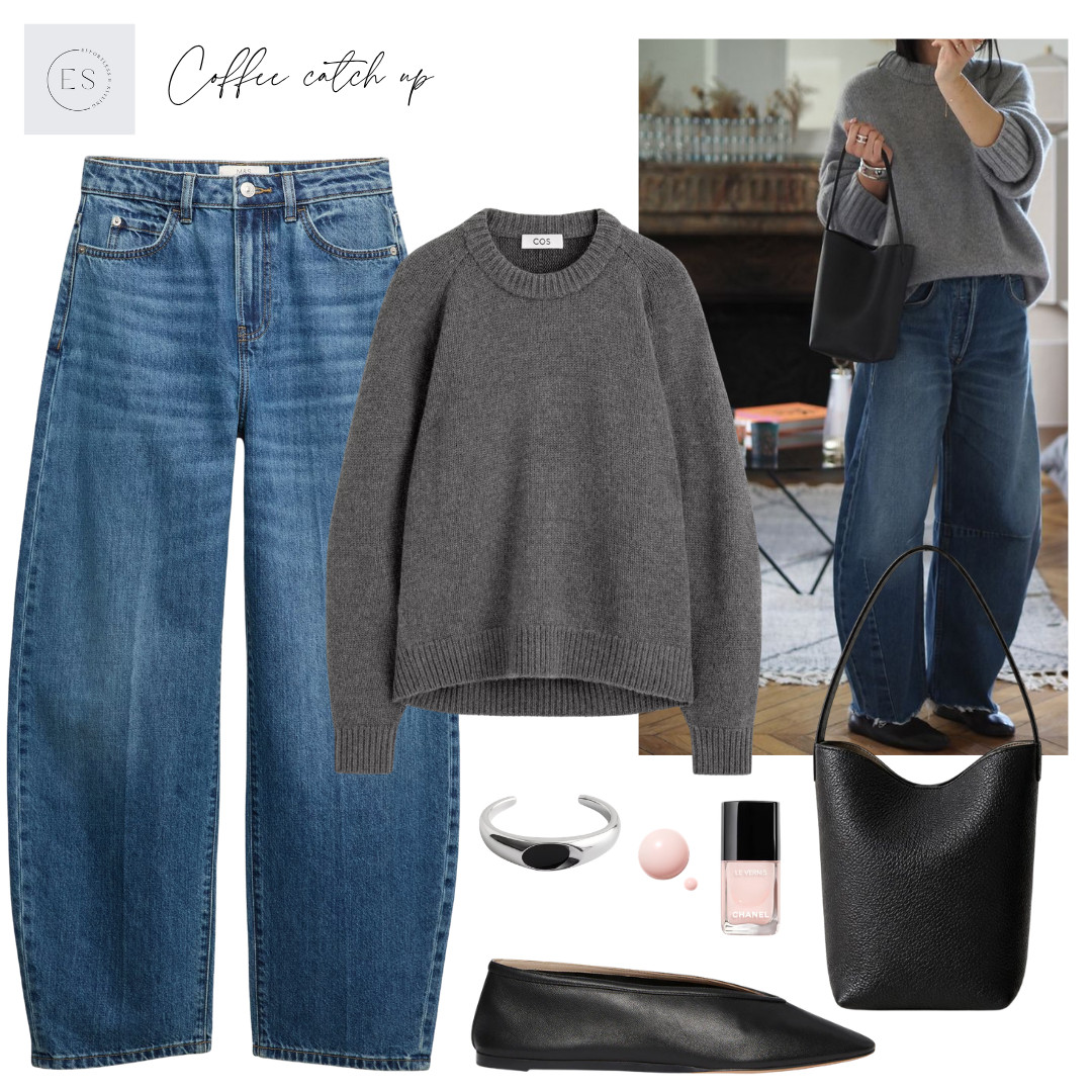Casual Autumn outfit. 

Grey cashmere jumper, blue high waisted crease front barrel leg jeans, black leather mini bucket bag, black leather ballet flats, pale pink nail polish, silver and black agate cuff bracelet. 

 #LTKuk #LTKautumn #LTKjeans