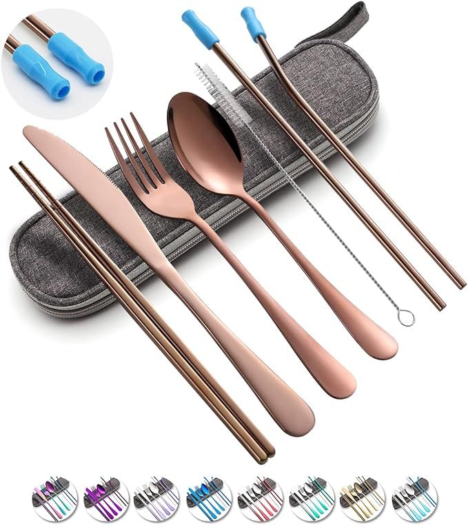 Travel Utensils Set with Case Reusable Portable Cutlery Set Stainless Steel 8pcs Including Dinner... | Amazon (US)