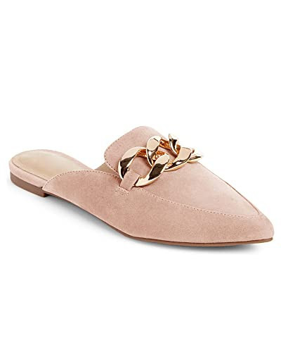 Juliet Holy Womens Mules Flats Pointed Toe Backless Loafers Slip on Metal Chain Slides Blush | Amazon (US)