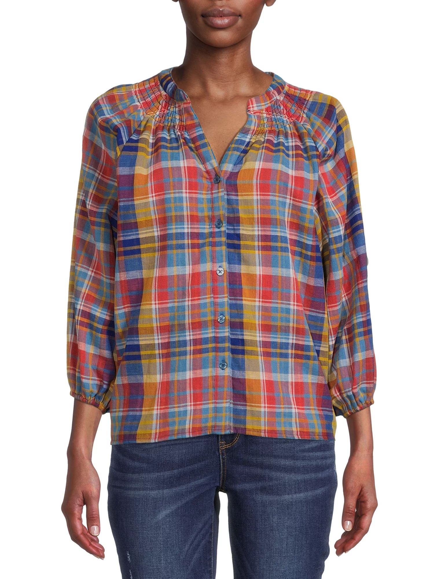 Time and Tru Women's Button Down Top with Puff Sleeves - Walmart.com | Walmart (US)