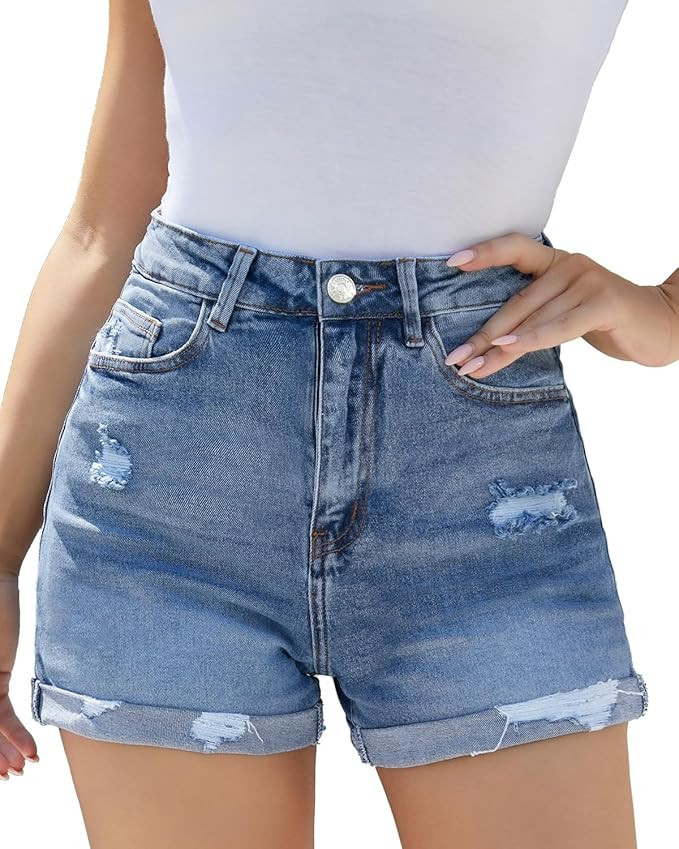 VIPONES Women Denim Shorts High Rise Trendy Stretch Frayed Summer Casual Jean Shorts | Amazon (US)