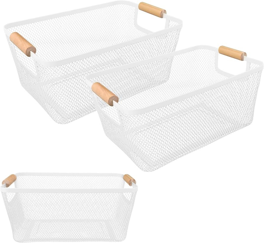 2Pack Metal Mesh Steel Basket with Bamboo Handle - Wire Metal Basket for Kitchen Organization, 12... | Amazon (US)