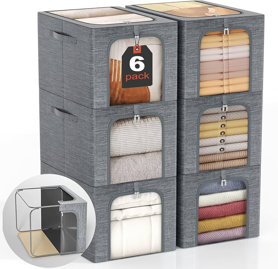 GoMaihe Clothes Storage Bin with Metal Frame: 6-Pack Stackable Closet Storage Bin with Lid & Clea... | Amazon (US)