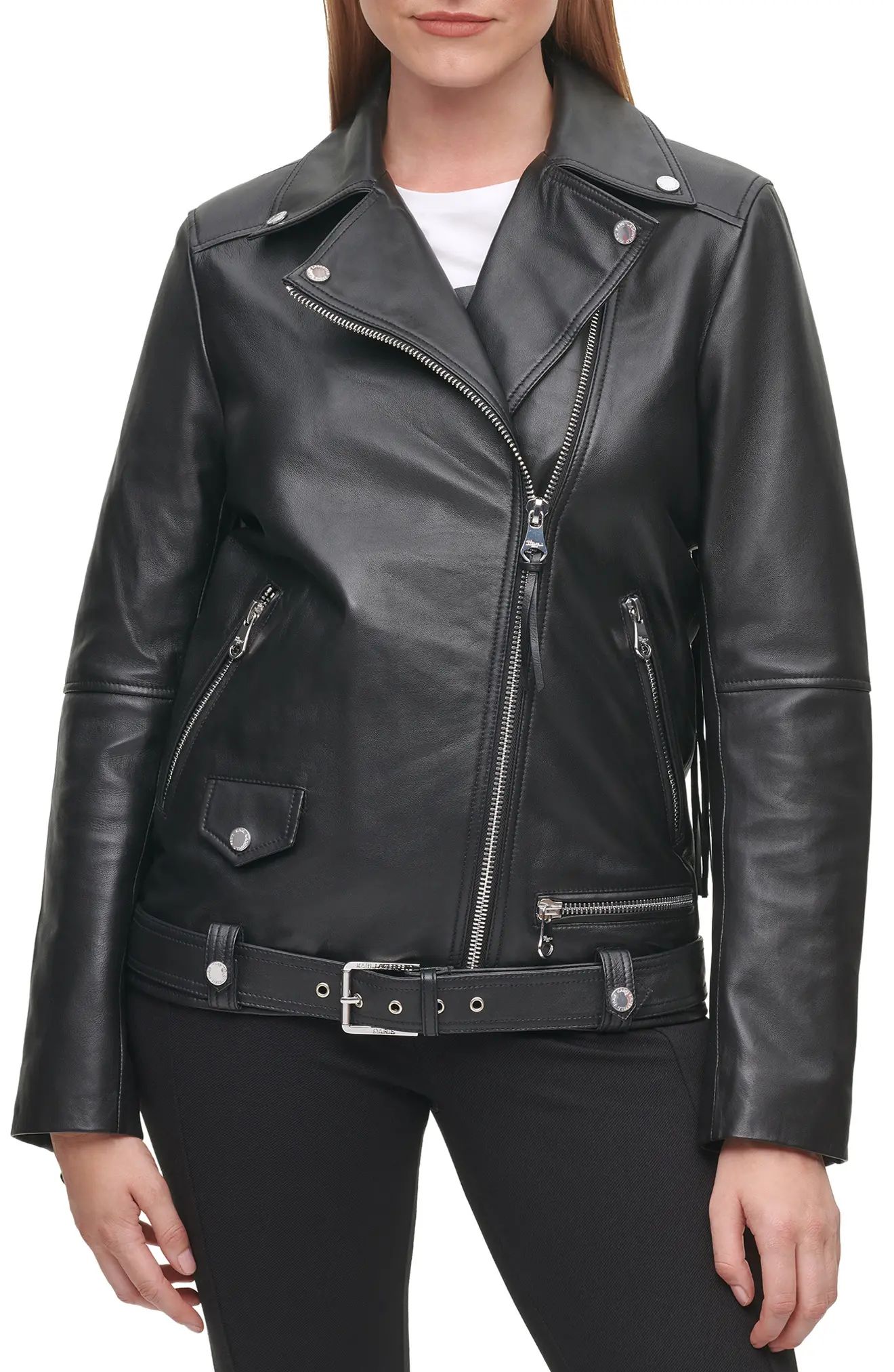 Women's Karl Lagerfeld Paris Logo Fringe Leather Moto Jacket, Size Large - Black | Nordstrom