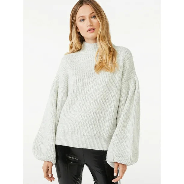 Scoop Women's Cozy Mock Neck Sweater with Balloon Sleeves - Walmart.com | Walmart (US)