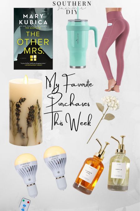 My favorite purchases this week! Yoga pants, tumbler, Flameless candle, thriller novel, hydrangea stem, coffee syrup, rechargeable lightbulbs 