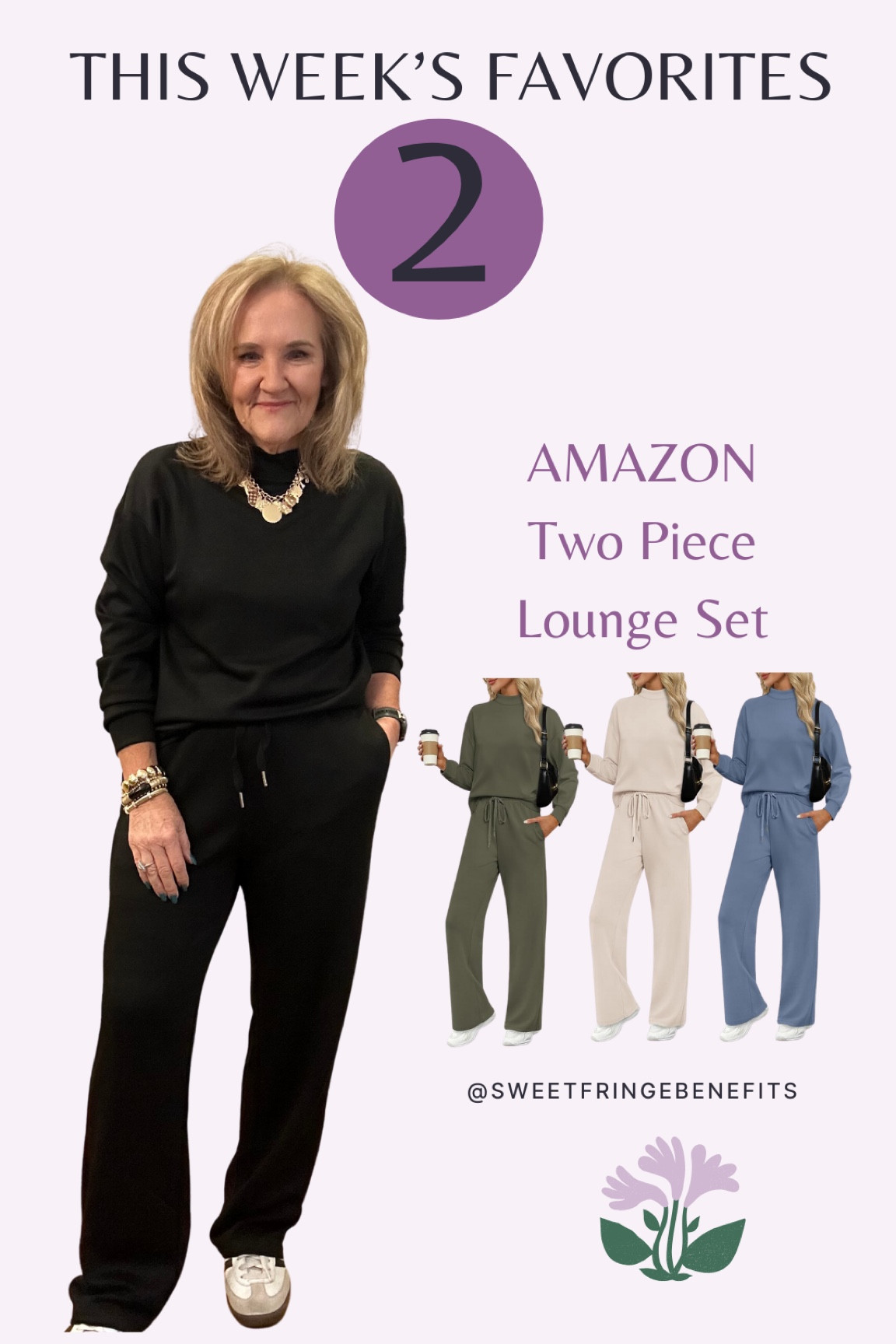 This Amazon 2-piece set runs XS-XXL. It’s true to size. I’m wearing a medium. 

I love the slim silhouette. The mock neck. This is a really good one. One you won’t return! Lots of colors available.

20% off Allie+Bess jewelry, my bracelets, code NANETTE20

I’ll link the adidas, but also a few of my favorite fashion sneakers of late! 



Loungewear black travel set 

#LTKOver40 #LTKFindsUnder50 #LTKTravel