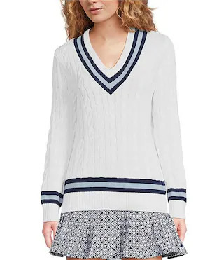 Lilly Pulitzer Brockton Cable Knit V-Neck Long Sleeve Stripe Detail Sweater | Dillard's | Dillard's