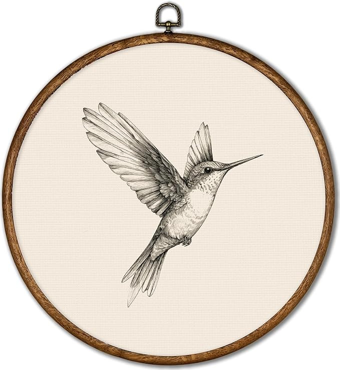 Vintage Framed Wall Art, Birds Round Canvas Prints Home Decor, Hummingbird Sketch Painting Hangin... | Amazon (US)