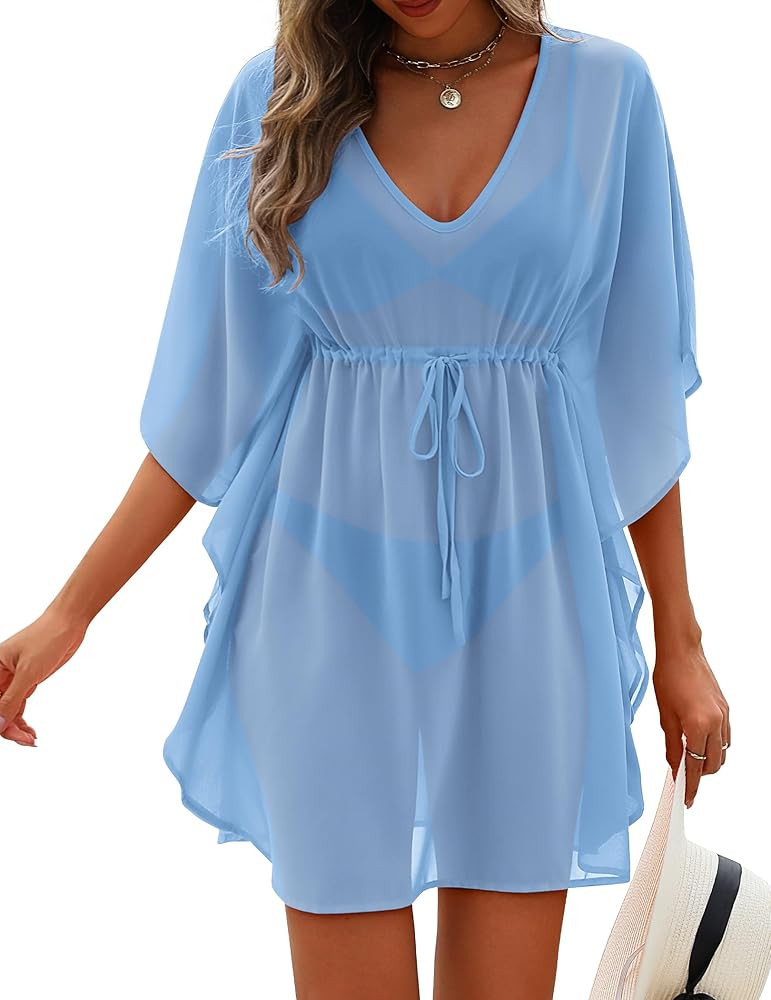 AI'MAGE Womens Beach Swimsuit Coverup Sexy Sheer Bathing Suit Cover Up Dress Swimwear Tie Waist C... | Amazon (US)