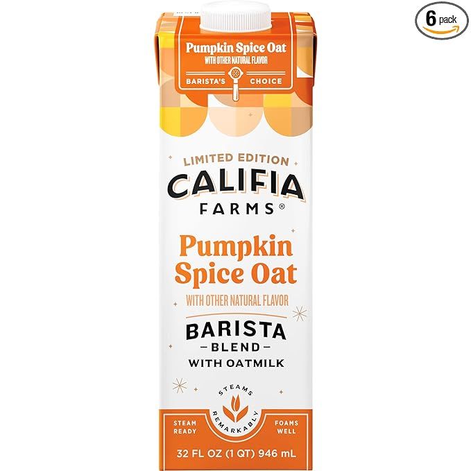 Califia Farms - Pumpkin Spice Oat Milk Barista Blend, 32 Fl Oz (Pack of 6) | Shelf Stable | Non D... | Amazon (US)