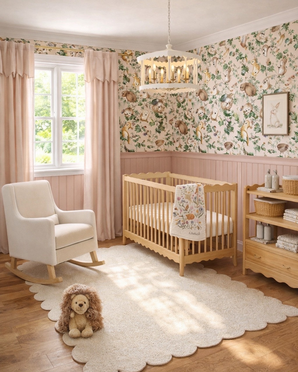 Adorable woodland-inspired nursery! I love the wallpaper and the chandelier from Pottery Barn kids, scalloped rug and a cute hedgehog pillow from West Elm. #homedecor #nurseryideas

#LTKBaby #LTKBump #LTKHome
