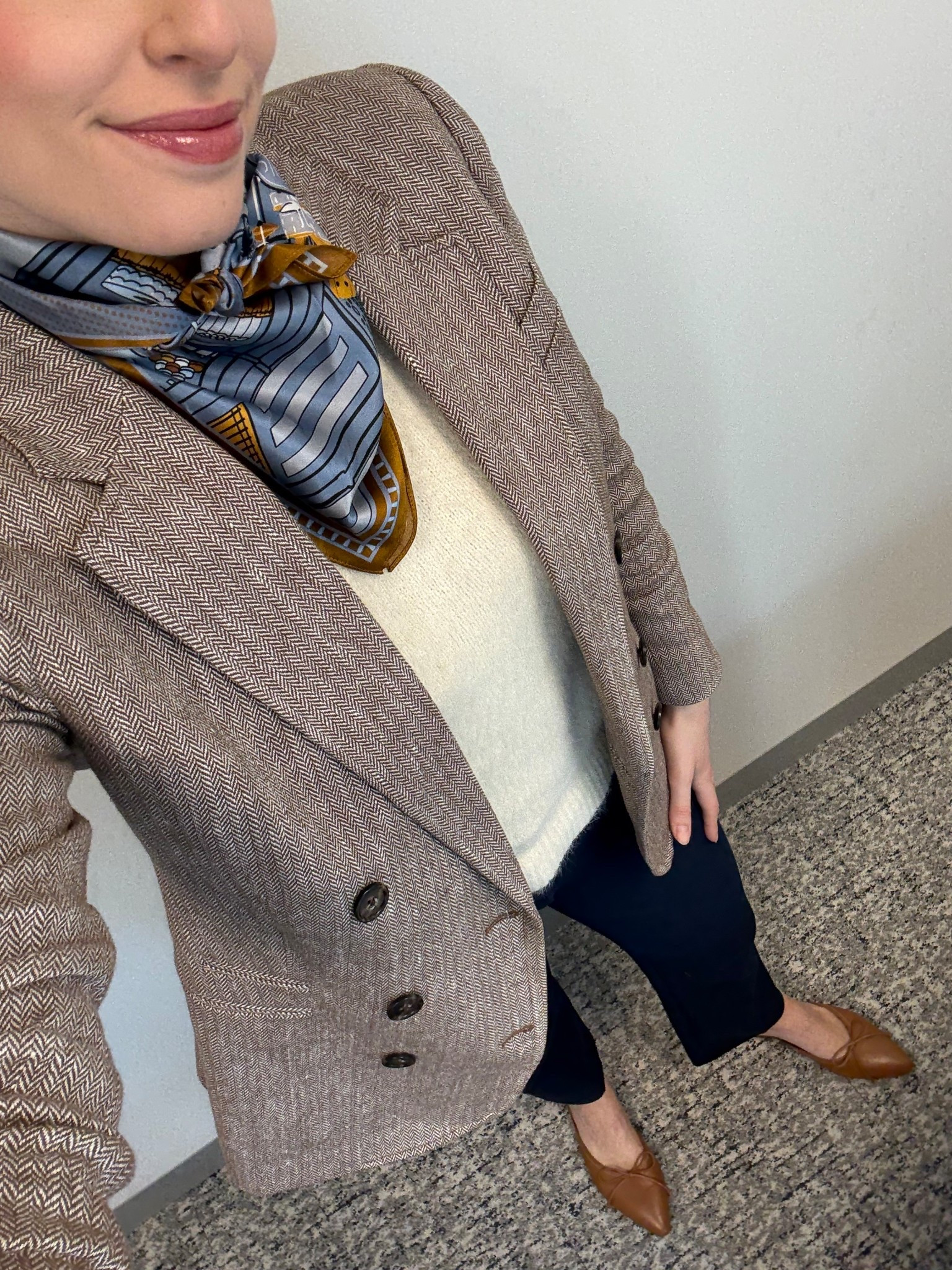 Office style, office outfit, business casual, workwear, winter workwear, lawyer, attorney, corporate style, corporate fashion, double breasted blazer, silk scarf, work pants, high waisted work pants, brown mules, how to style a silk scarf

#LTKTall #LTKWorkwear #LTKootd