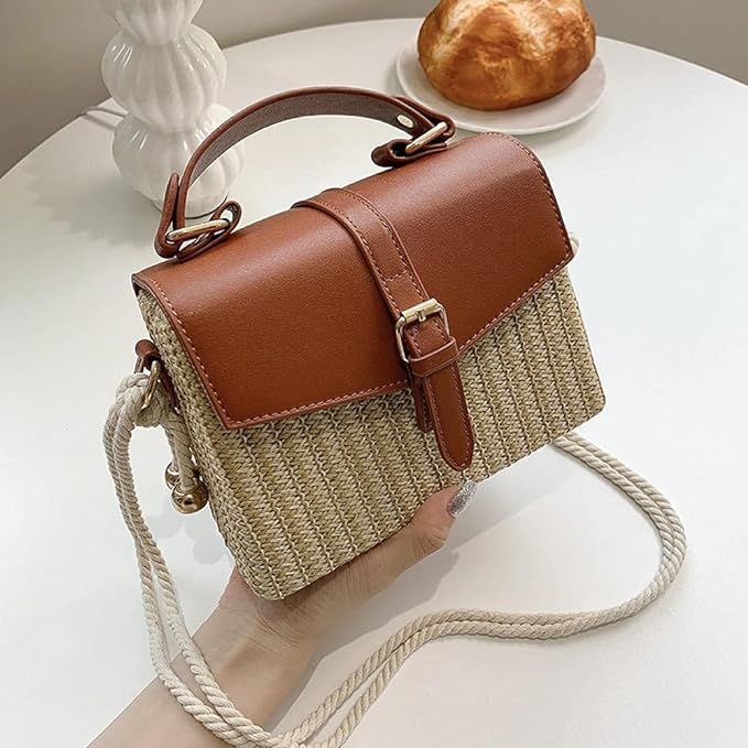 Weave Hard Box Tote Bag Straw Women's Handbag Travel Beach Bag Shoulder Messenger Bag 20X15X18CM-... | Amazon (US)