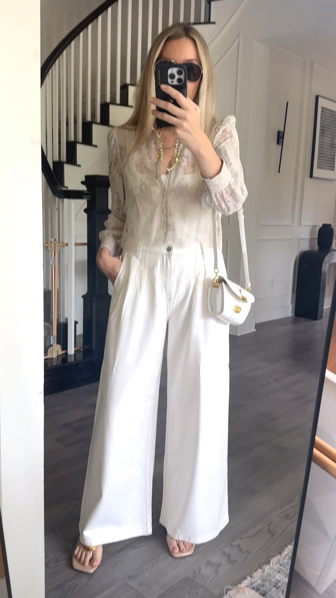 Sunday Best 🤍 These @Pistola Denim wide leg white pants are summer faves because they’re flowy, soft and lightweight. And then this @lagence champagne lace blouse is an updated version of the pink one I have from last year that I always get compliments on. Accessories are Amazon (other than my @Veronica Beard  that is sold out)