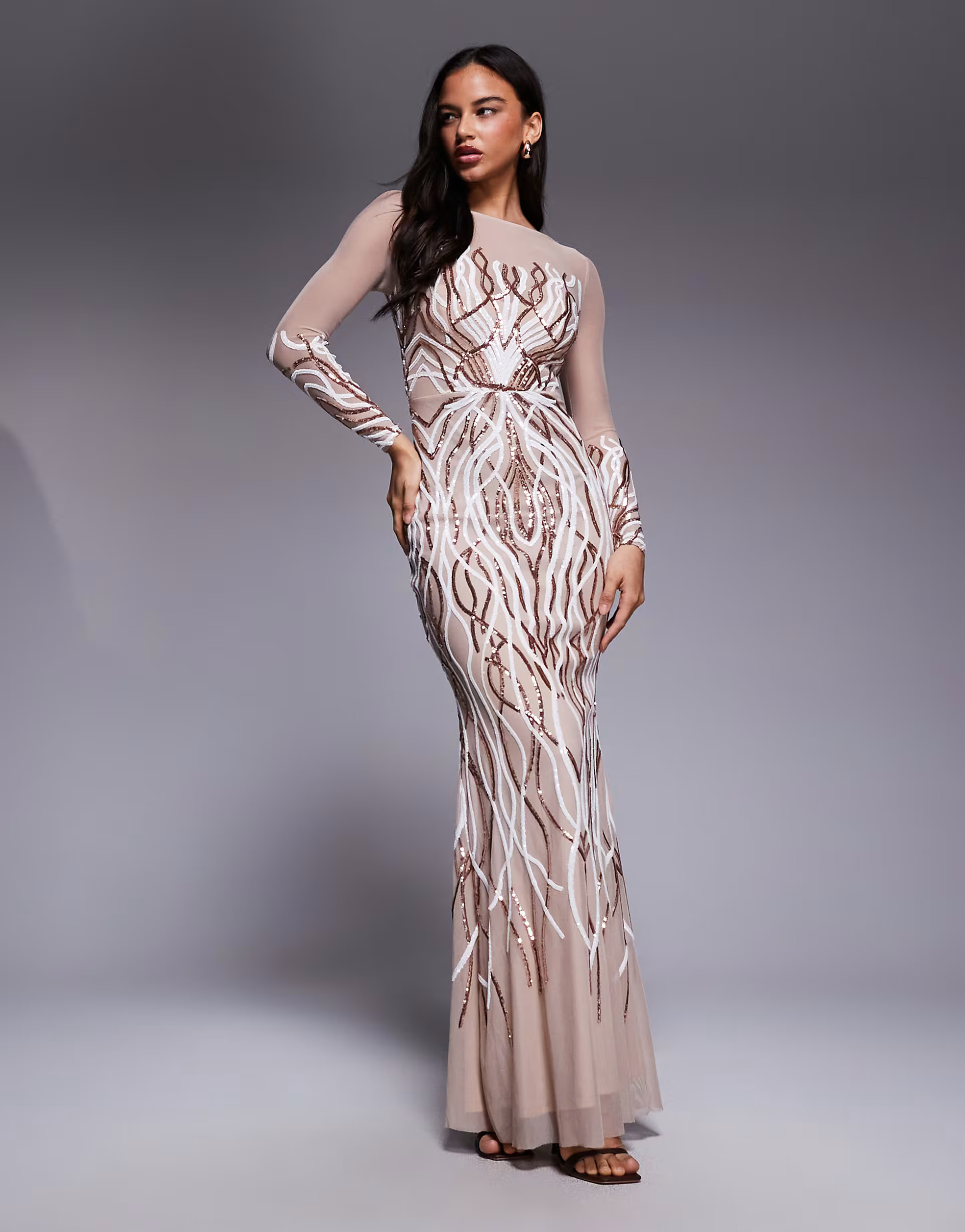 Goddiva Long sleeve sequin flame maxi in champagne | ASOS (Global)