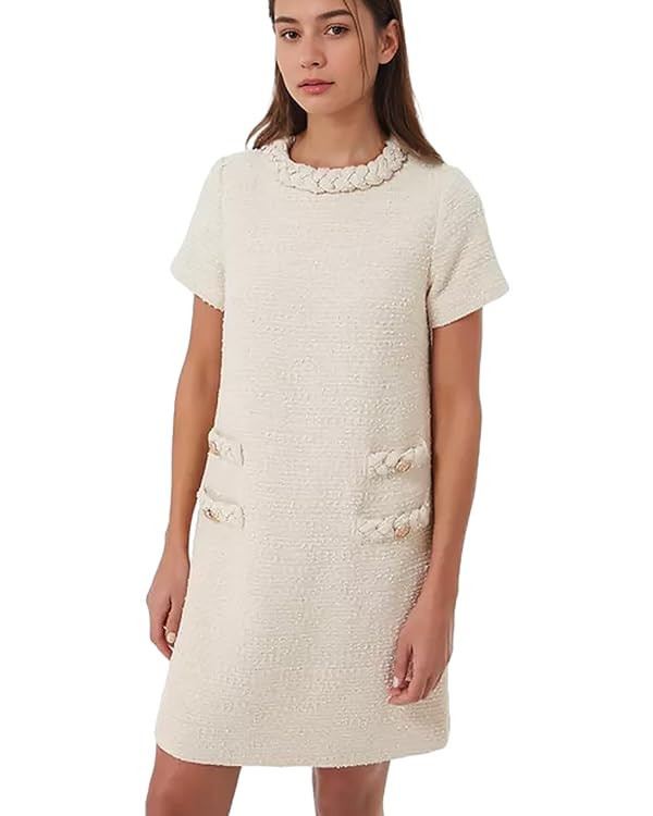 Yioaga Womens Tweed Jackie Dress Elegant Crew Neck Short Sleeve Button Bodycon Mini Dress | Amazon (US)
