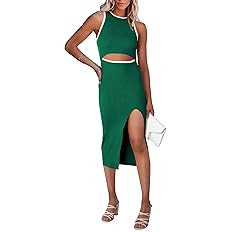 PRETTYGARDEN Women's Summer Midi Bodycon Dresses Casual Crew Neck Side Slit Sleeveless Knit Cut O... | Amazon (US)
