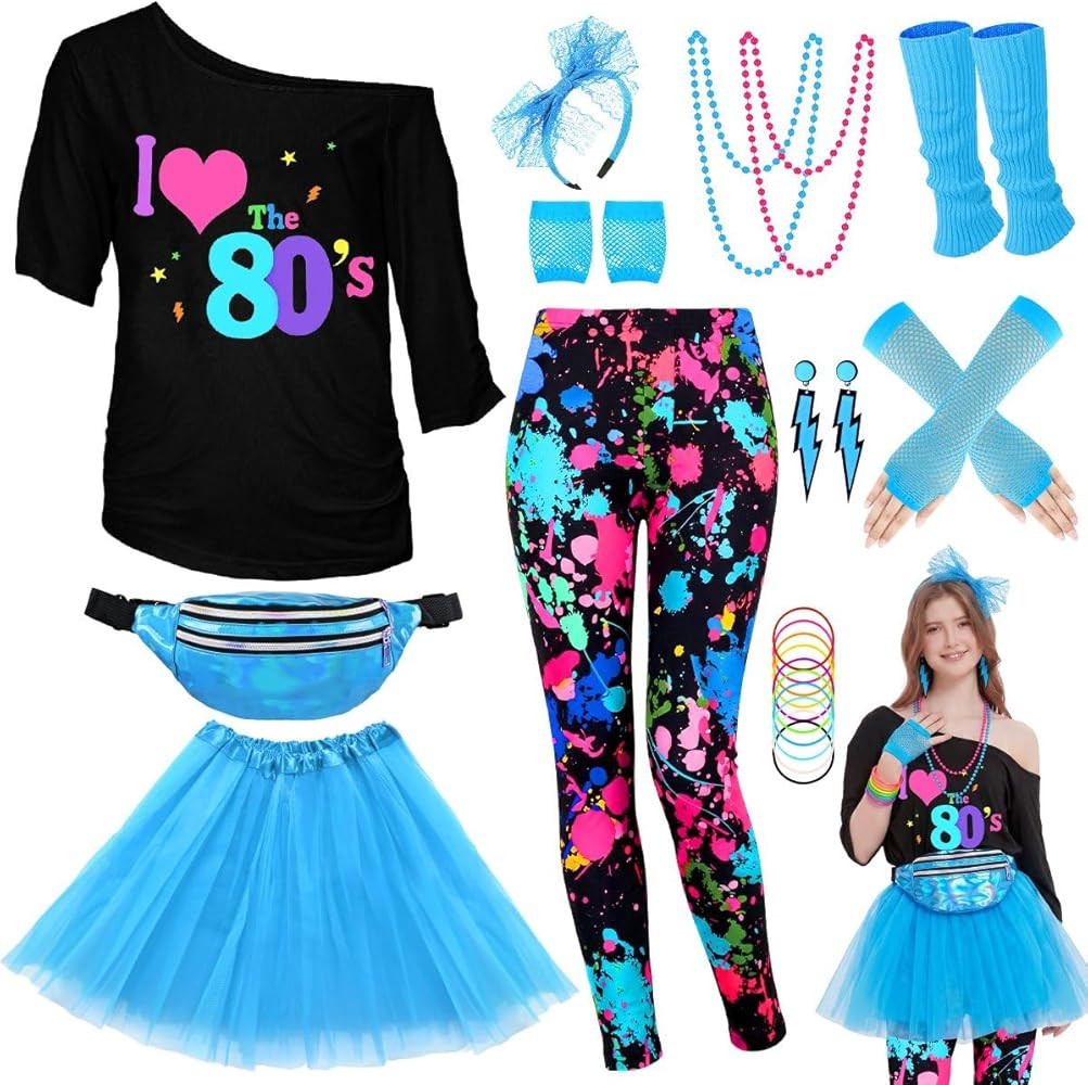 WlLDPARTY 80s Outfit Women Costume Accessories Set, T Shirt Leggings Tutu Skirt Fanny Pack Headba... | Amazon (US)