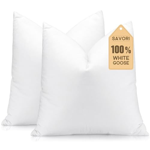 SAVORI Set of 2 Down and Feather Throw Pillow Inserts 22x22 Soft Fluffy Pillow Inserts with 100% Down-Proof Cotton Cover, Decorative Square Cushion Inner for Sofa Couch Bed-White | Amazon (US)